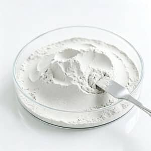 A glass petri dish filled with white powder of organic bentonite and organoclay rheological additive BT-181, with a metal spatula.