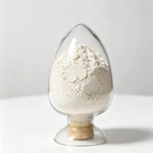 A glass jar with a cork stopper filled with white powder of organic bentonite and organoclay rheology modifier BT-876.