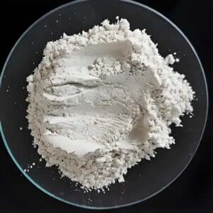 White powder of organobentonite and organoclay rheology modifier BT-381 in a glass dish on a dark background.