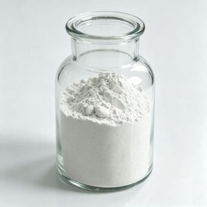 A glass jar containing a sample of organic bentonite and organoclay rheological additive BEZ-100, viewed from a slightly different angle.