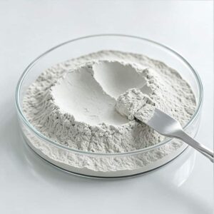 A glass petri dish filled with white powder of organic bentonite and organoclay rheological additive BEZ-200, with a metal spatula.