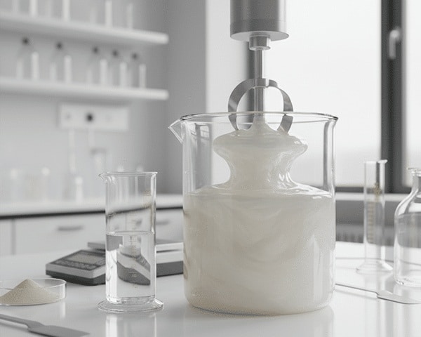 A laboratory mixer blending a pre-gel made from organic bentonite and organoclay in a glass beaker.