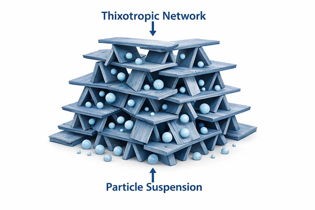 3D illustration of a thixotropic network formed by organic bentonite and organoclay, demonstrating particle suspension.