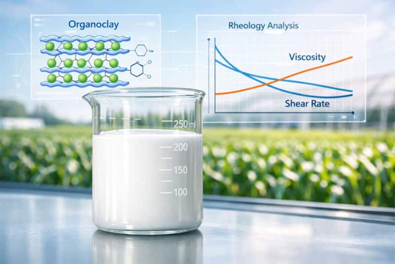 A beaker of white agrochemical formulation with overlays showing the molecular structure of organic bentonite and organoclay, and a rheology analysis graph.