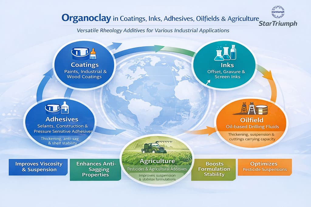Infographic showing the versatile applications of organic bentonite and organoclay rheology additives in coatings, inks, adhesives, oilfields, and agriculture.