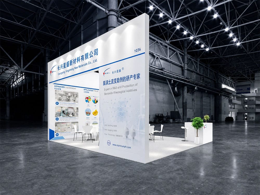 3D rendering of the exhibition booth for Changxing Xingsheng New Materials Co., Ltd. at the 2026 China Coatings Show