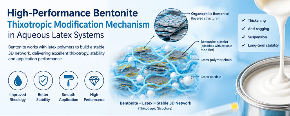 Diagram showing the thixotropic modification mechanism of bentonite in aqueous latex systems,
with layered bentonite particles, latex polymer chains and a 3D network structure.