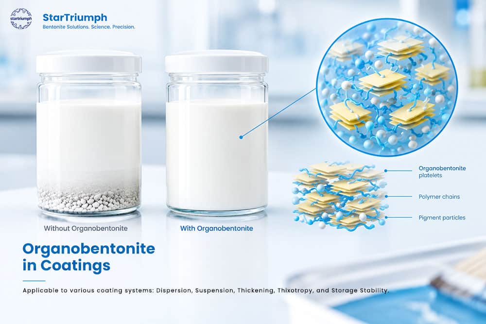 How organobentonite prevents settling in coatings by forming a three-dimensional network that improves suspension stability.